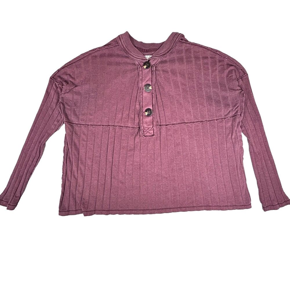 Free People/We the Free raw edge ribbed cotton blend 1/4 button long sleeve Sz L